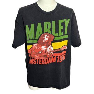 Vintage 90s Y2K Bob Marley Amsterdam 1976 Graphic TShirt 1X Black Reggae Tee